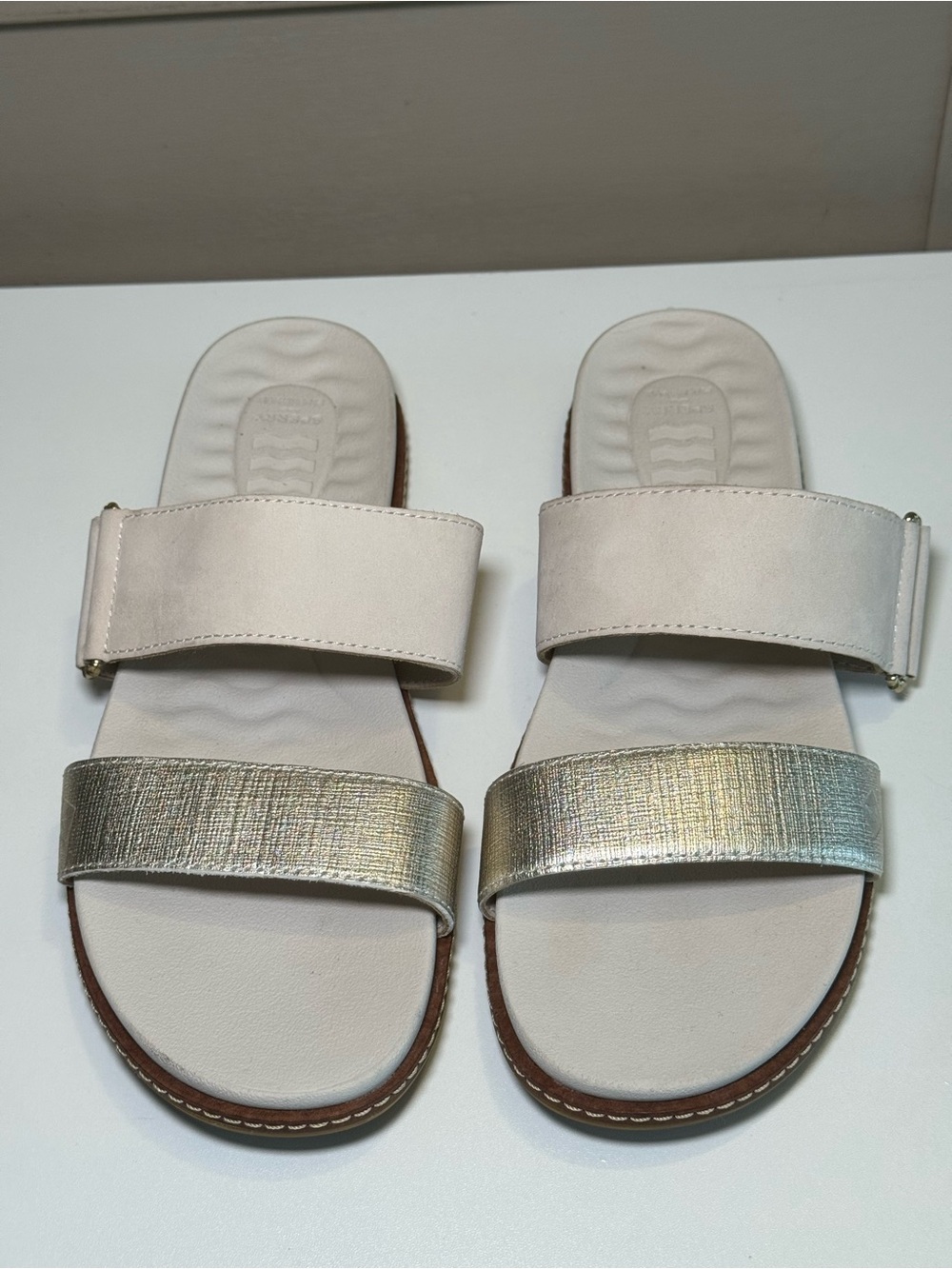 Sperry Women's White Leather Slingback Sandals with Tan Trim